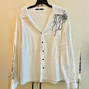 Om Women’s Cotton Blouse Top Tank Side Embroidered Shirt White/black Sz L 40EU